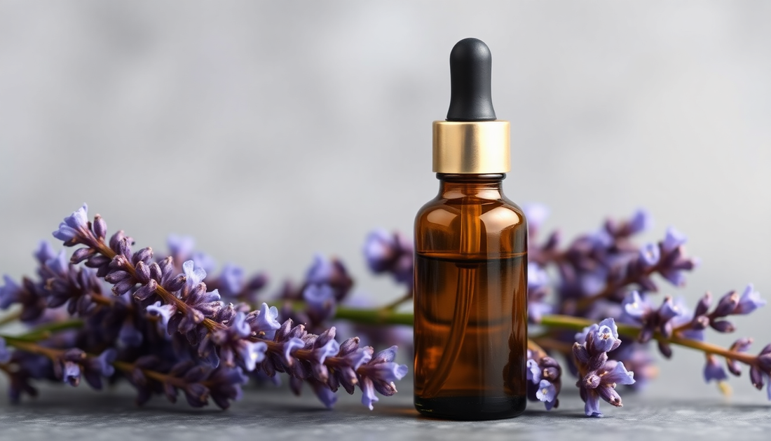 Brown dropper bottle with lavender flowers highlighting natural ingredients in French skincare products