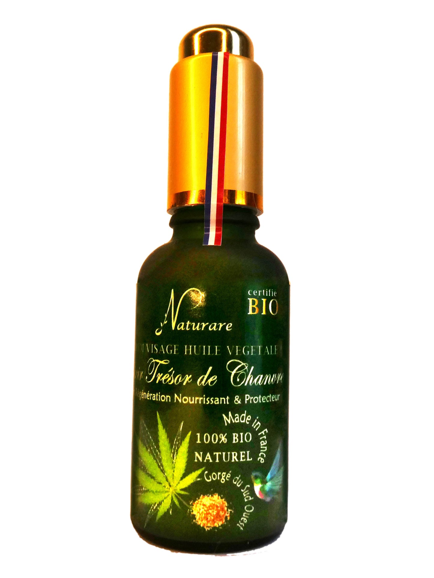 Agnès' Petit Paris Skincare organic French facial serum in green bottle with gold cap and natural ingredients