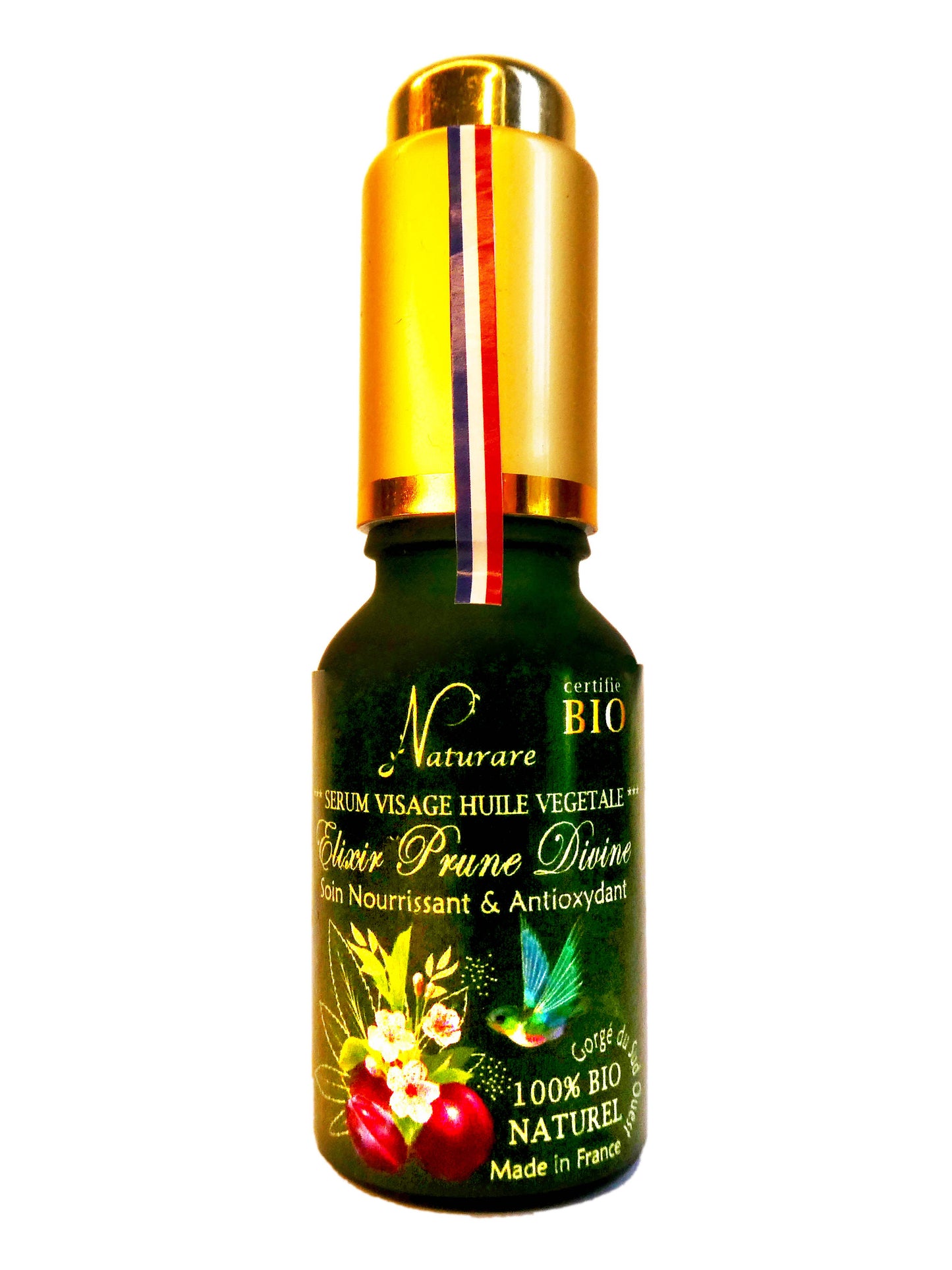 Agnès' Petit Paris Skincare organic plum facial serum in green bottle with gold cap and floral design