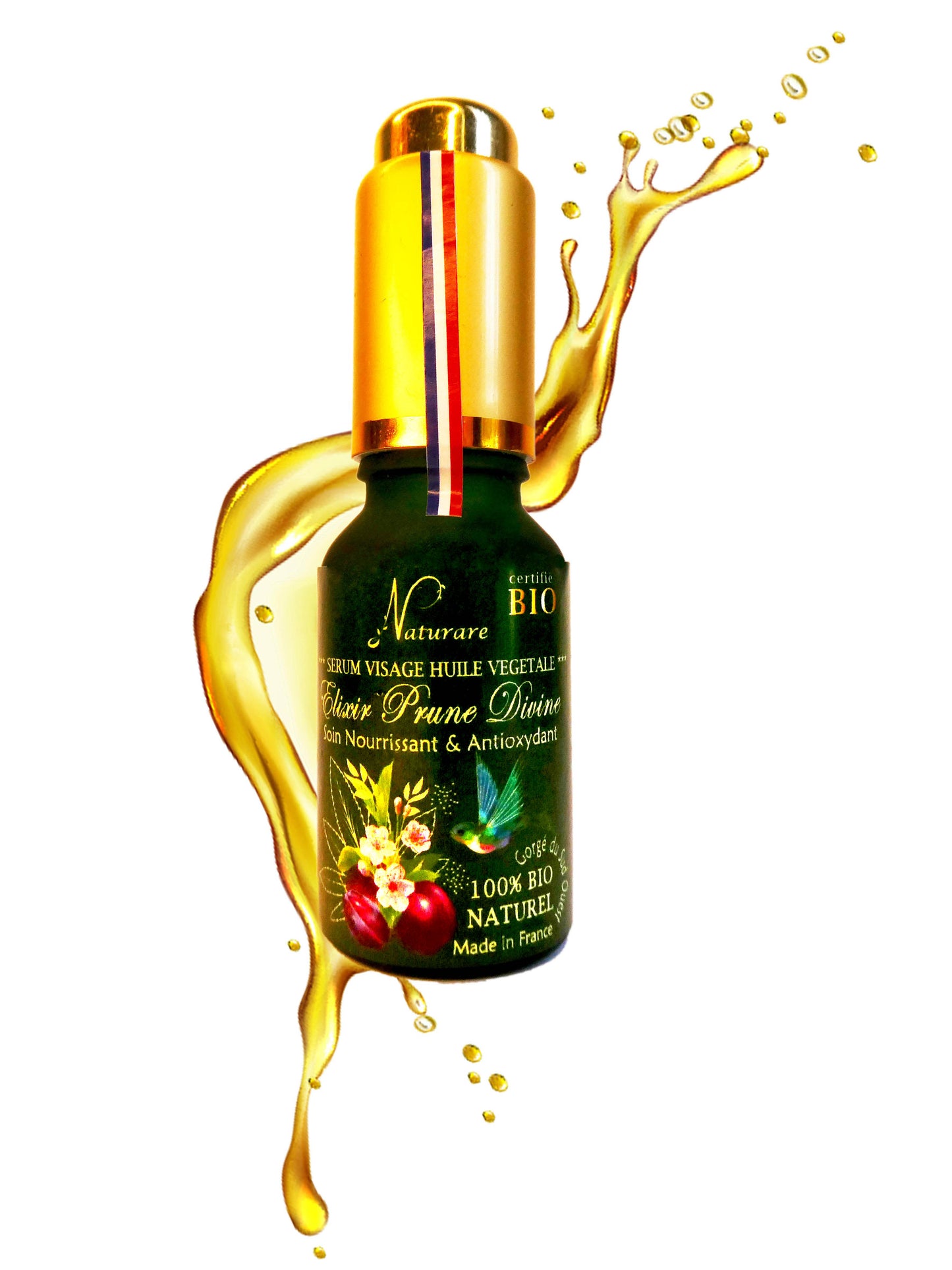 Agnès' Petit Paris Skincare organic plum facial serum in green bottle with gold cap and splash background