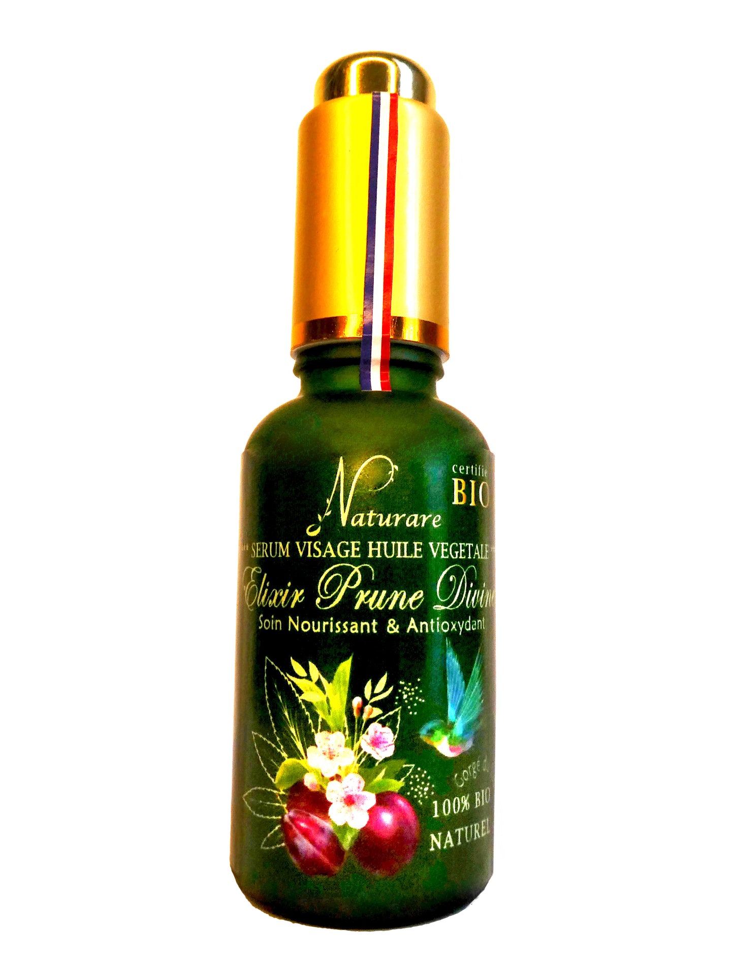 Agnès' Petit Paris Skincare organic plum facial serum bottle with gold dropper and natural fruit design