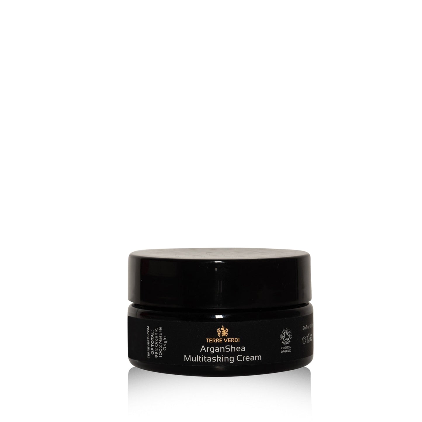 Terre Verdi Organic Skincare black jar of organic argan shea cream multitasking balm