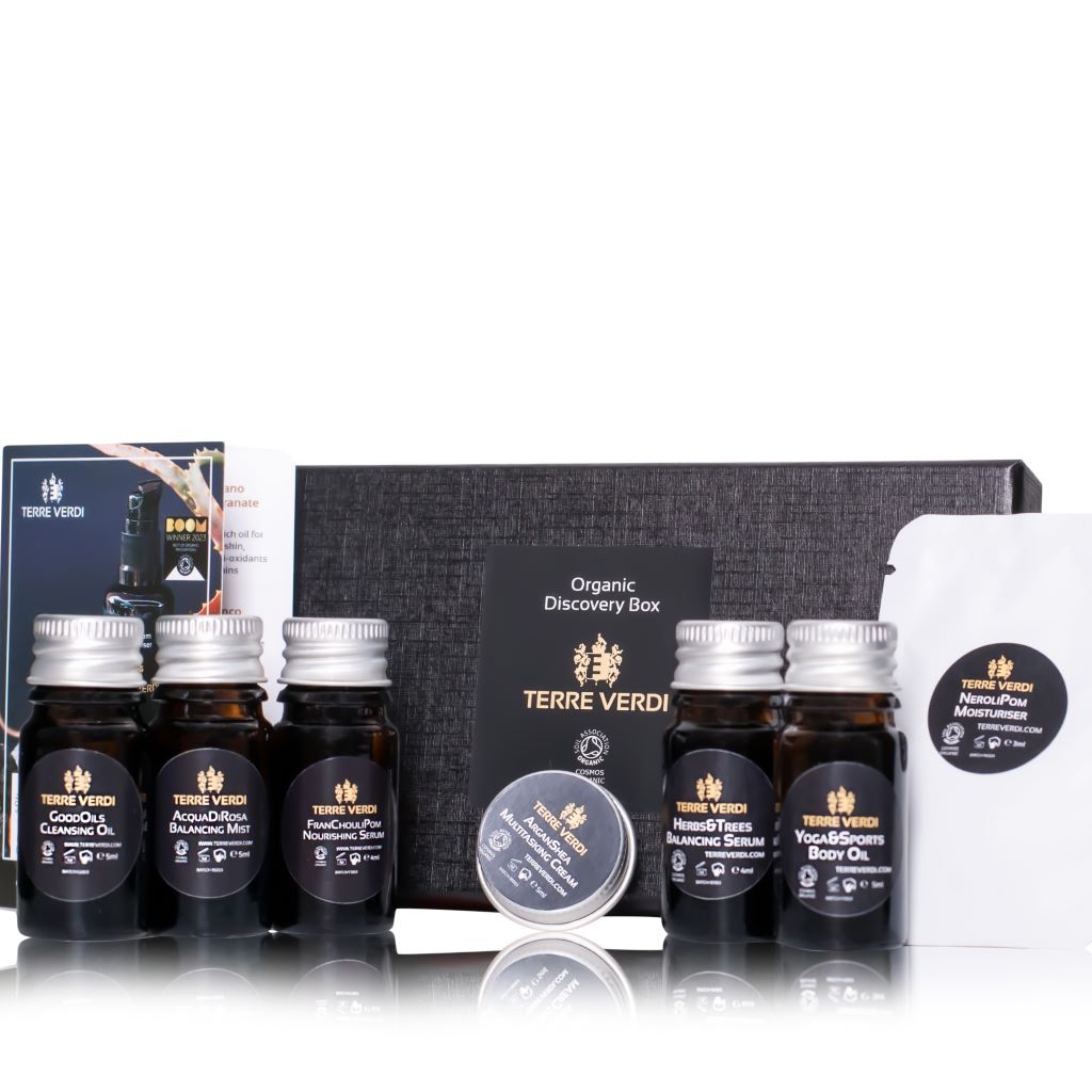 Terre Verdi Organic Skincare samples set with cleansing oil, balancing mist, nourishing serum, and more organic beauty gift set