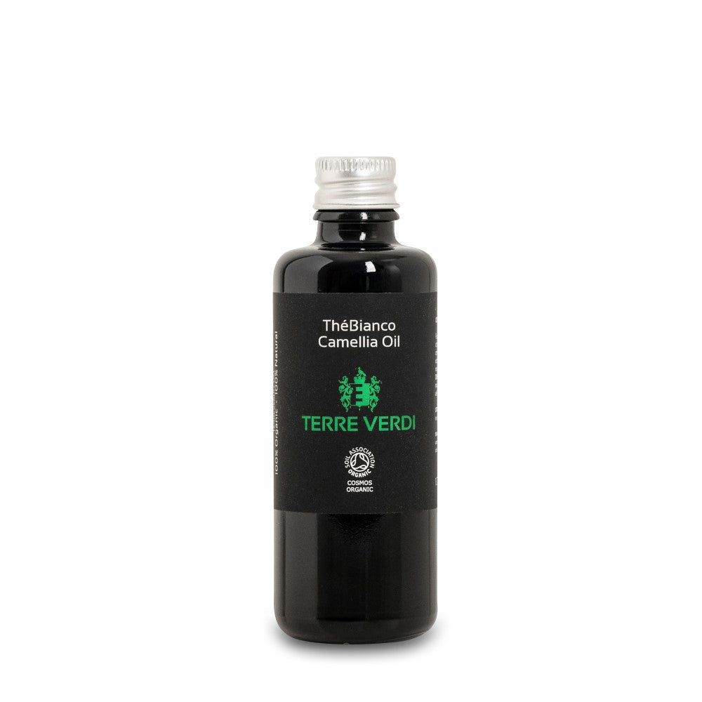 Terre Verdi organic camellia oil for face in dark glass bottle with silver cap