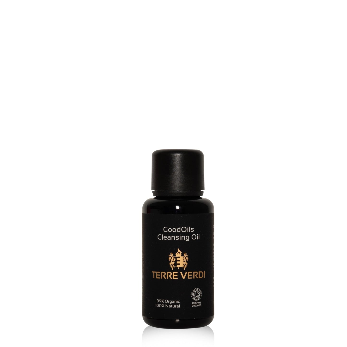Terre Verdi organic cleansing oil travel size black bottle with gold logo and text