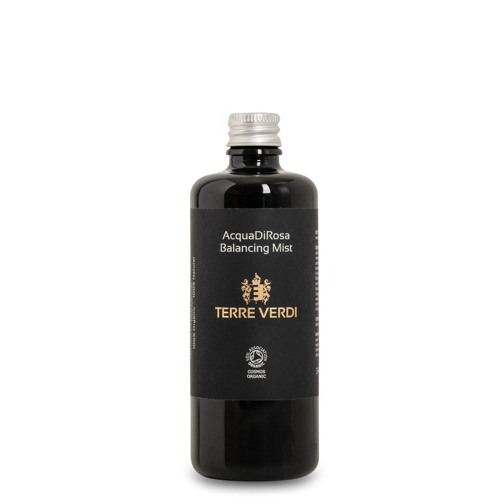 Terre Verdi organic rose water toner AcquaDiRosa Balancing Mist in black bottle with silver cap