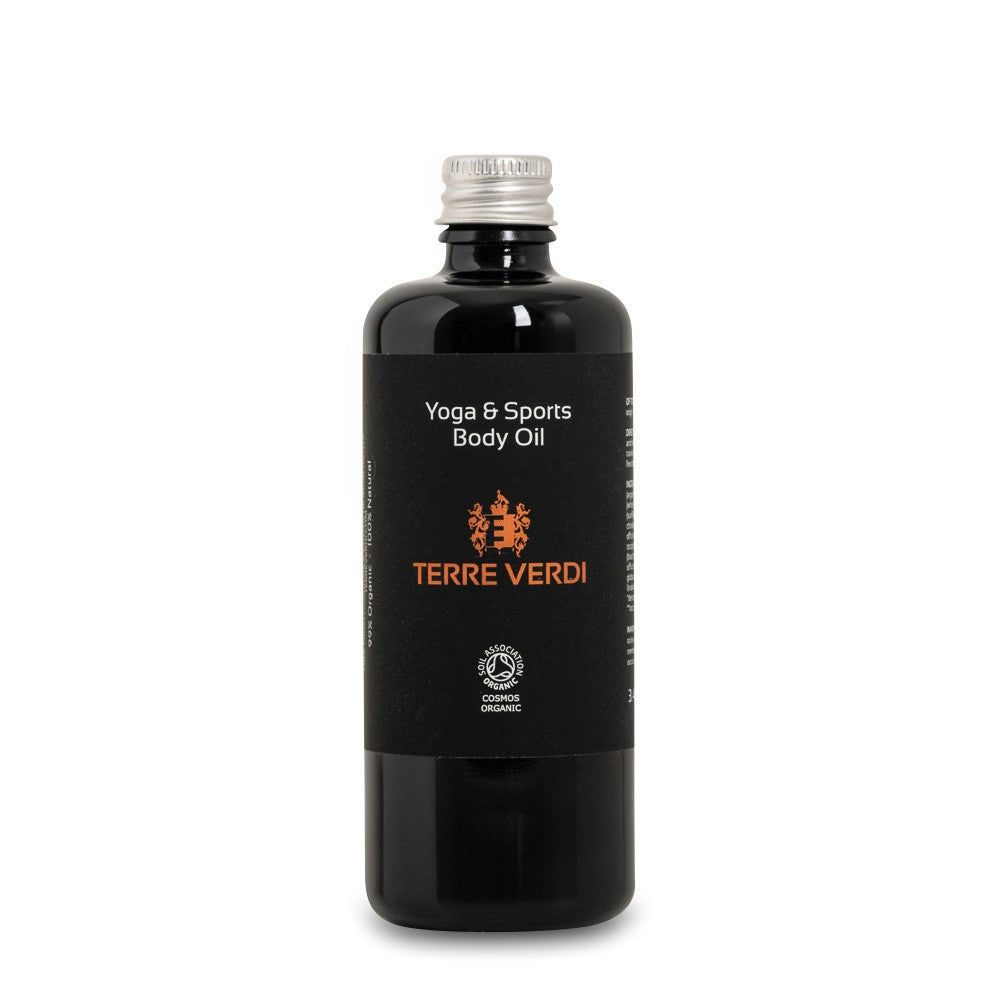 Terre Verdi organic sports massage oil in black bottle for yoga and sports body care