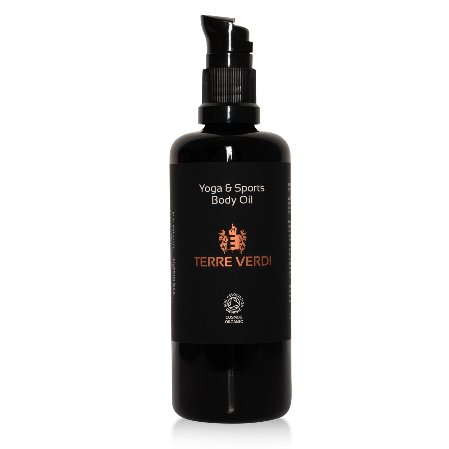 Terre Verdi organic sports massage oil in black pump bottle for yoga and sports body care