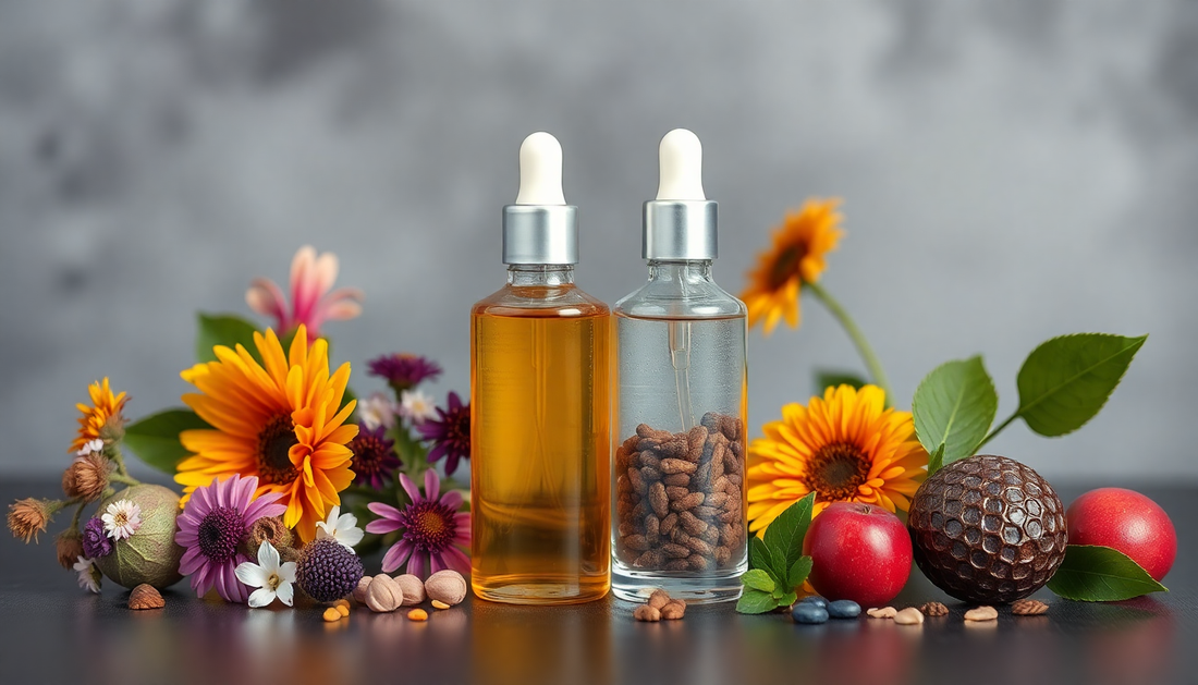 Two bottles of face oil surrounded by colorful flowers and natural ingredients showcasing French organic face oil benefits