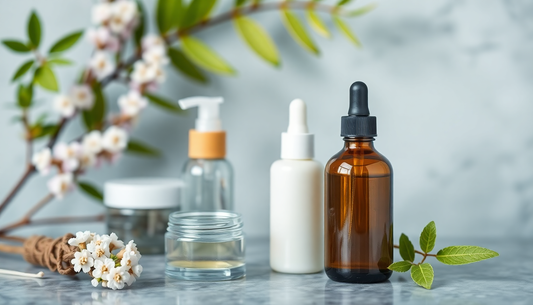 Glass and plastic bottles with natural skincare products and flowers illustrating where to buy eco-certified French skincare
