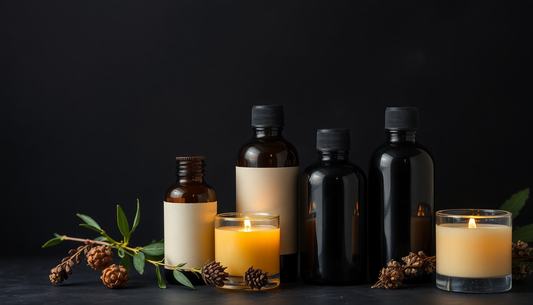 Terre Verdi product review showing amber and black bottles with candles and pine cones on a dark background