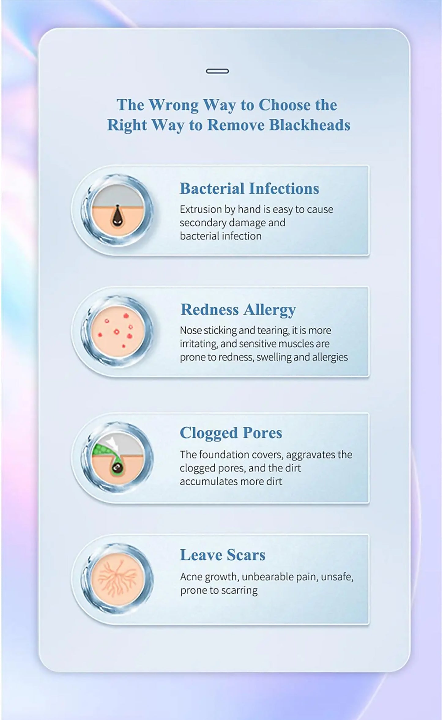 Infographic explaining the wrong ways to remove blackheads with risks like bacterial infections redness allergy clogged pores and leave scars for at home French skincare treatment