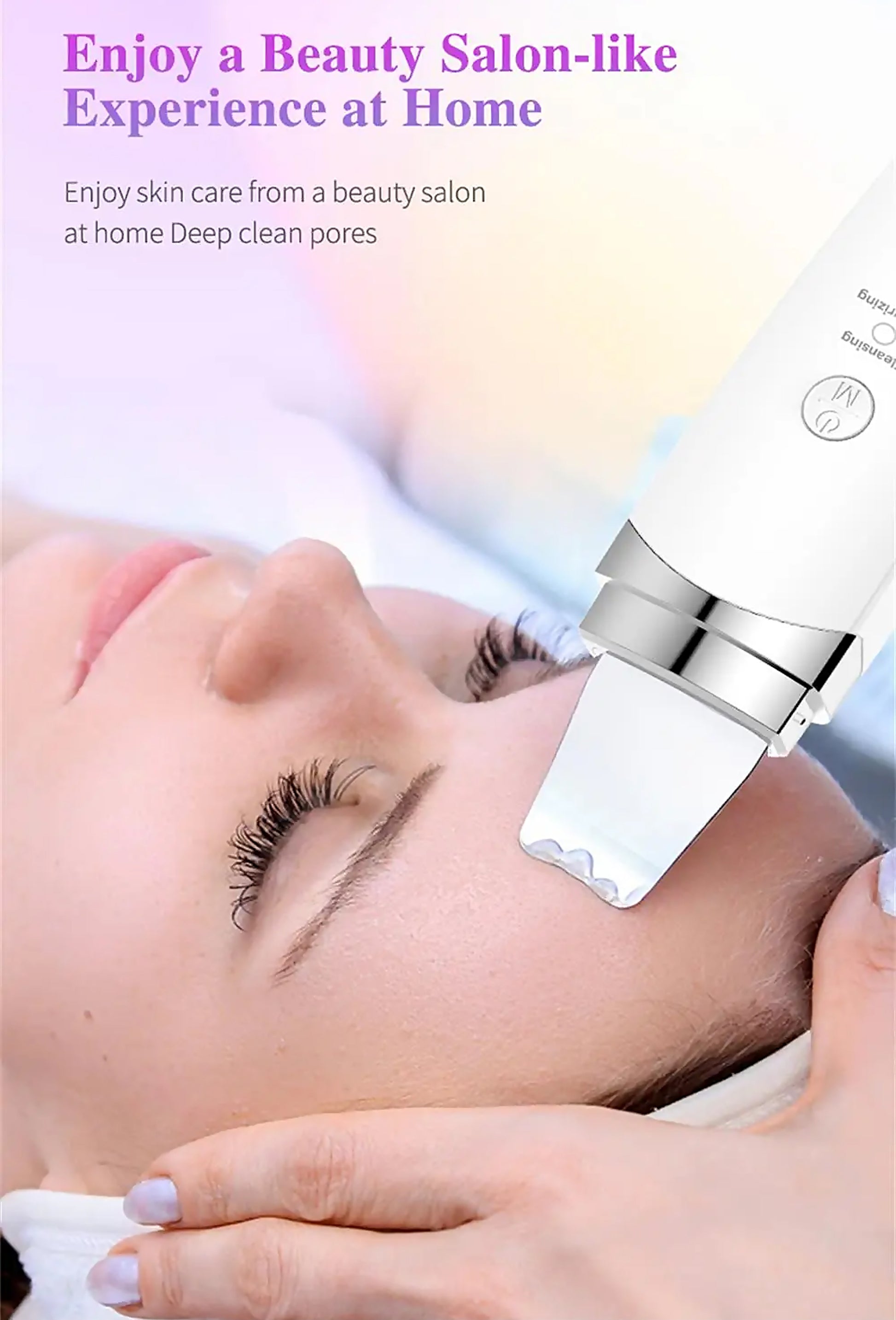 Agnès' Petit Paris Care Optimizer device used for at home French skincare treatment on a woman's face
