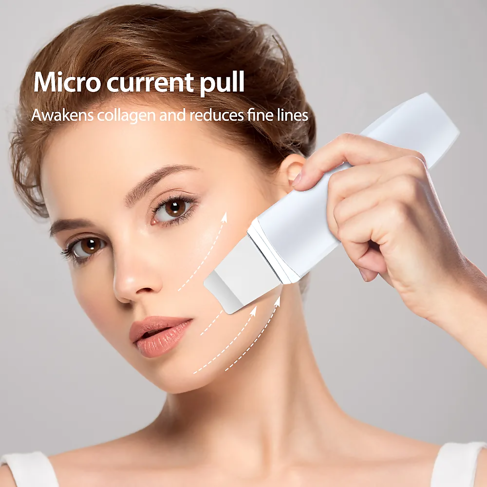 Woman using Agnès' Petit Paris Care Optimizer device for at home French skincare treatment to reduce fine lines