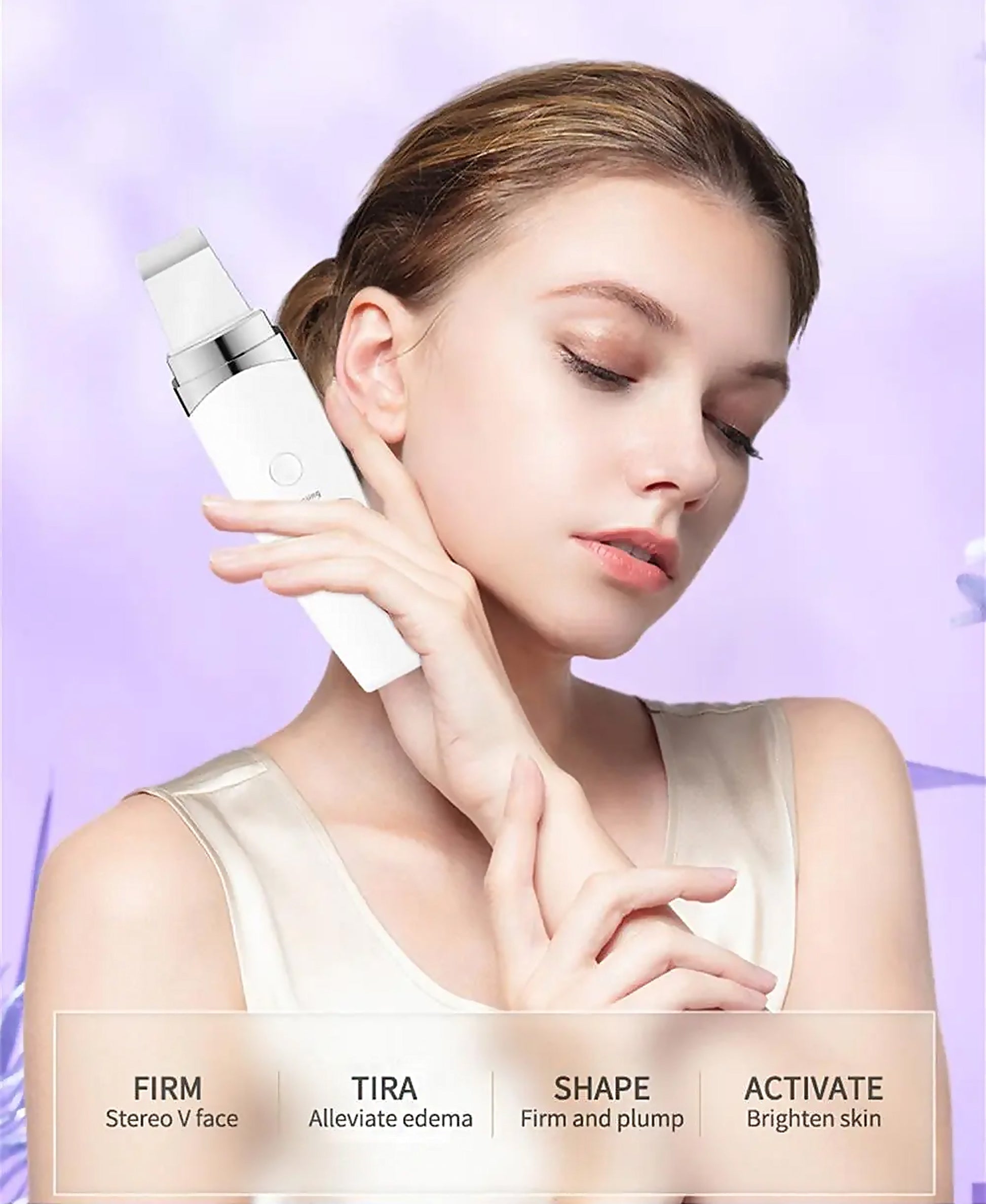 Woman using Agnès' Petit Paris Care Optimizers device for at home French skincare treatment to firm and brighten skin
