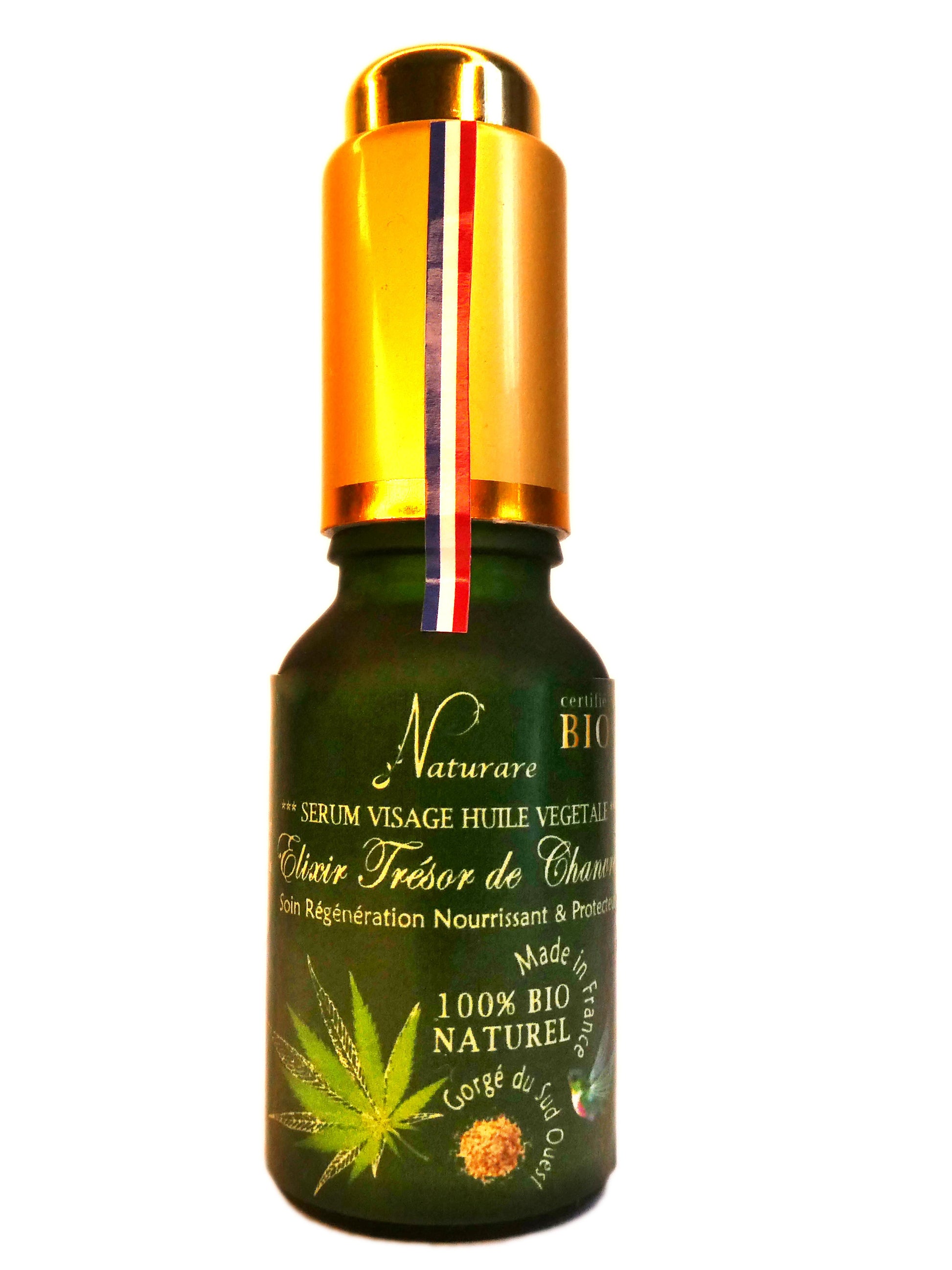 Naturare.fr anti-aging serum bottle labeled French natural skincare elixir with gold cap