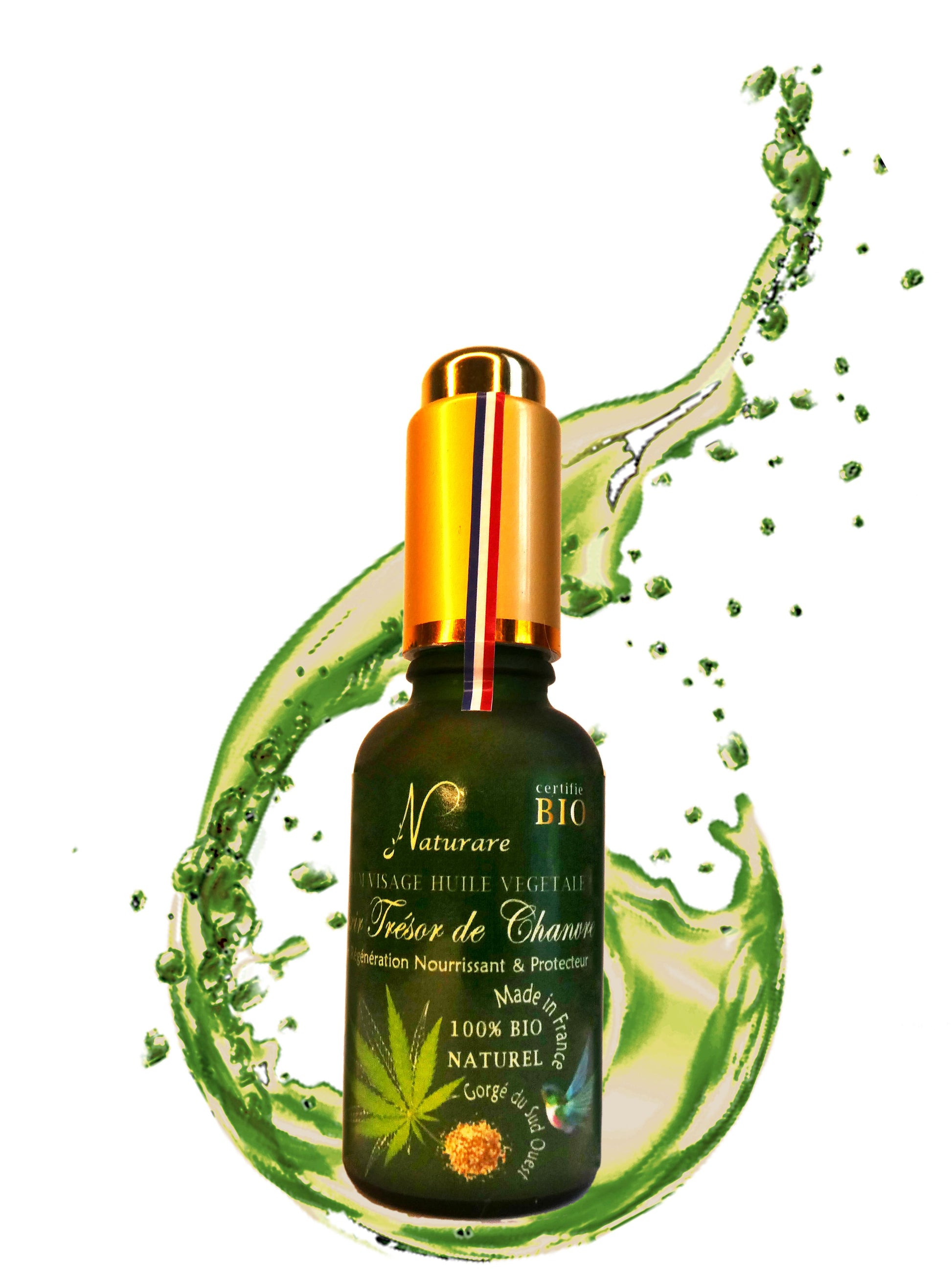 Naturare.fr anti-aging serum bottle with green liquid splash French natural skincare elixir