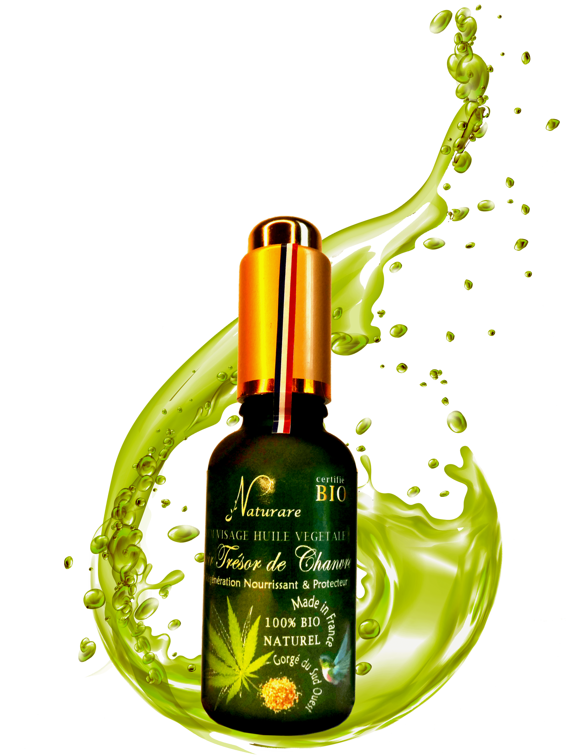 Naturare.fr anti-aging serum bottle with green fluid splash French natural skincare elixir