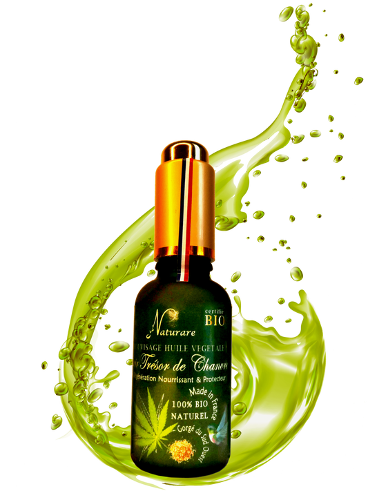 Agnès' Petit Paris Skincare organic French facial serum in dark glass bottle with golden cap surrounded by green liquid splash