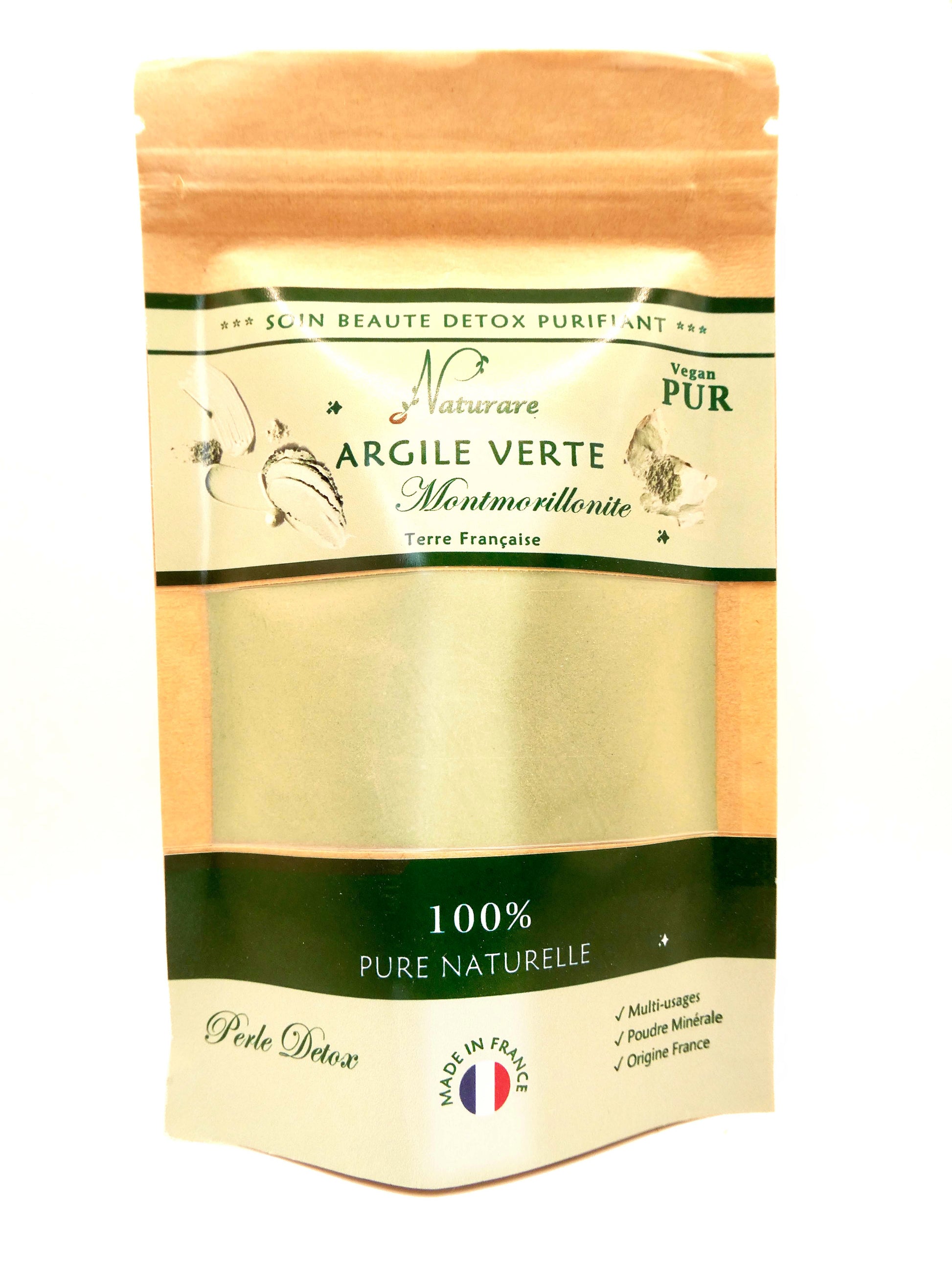 Organic French skincare detox green clay Montmorillonite powder in resealable pouch from Agnès' Petit Paris