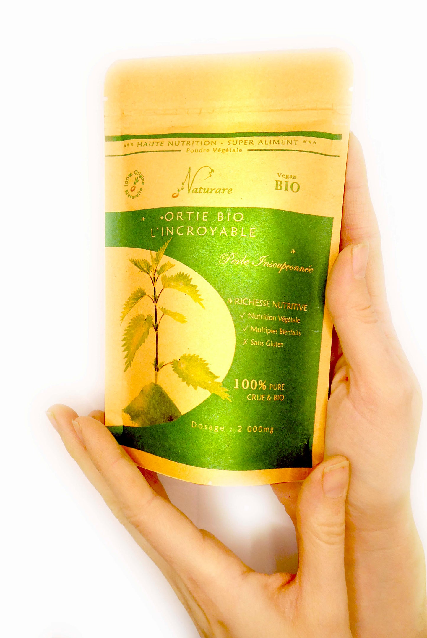 Agnès' Petit Paris Skincare organic nettle drops for wellness in green and yellow resealable pouch