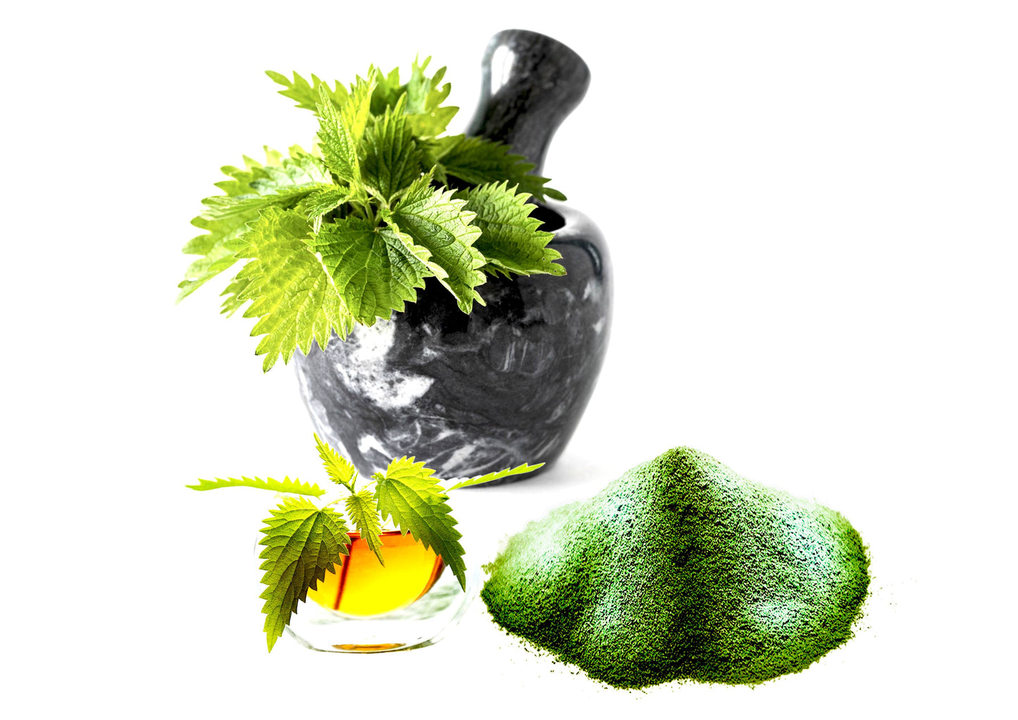 Organic nettle drops for wellness with fresh nettle leaves, green powder, and black pestle mortar