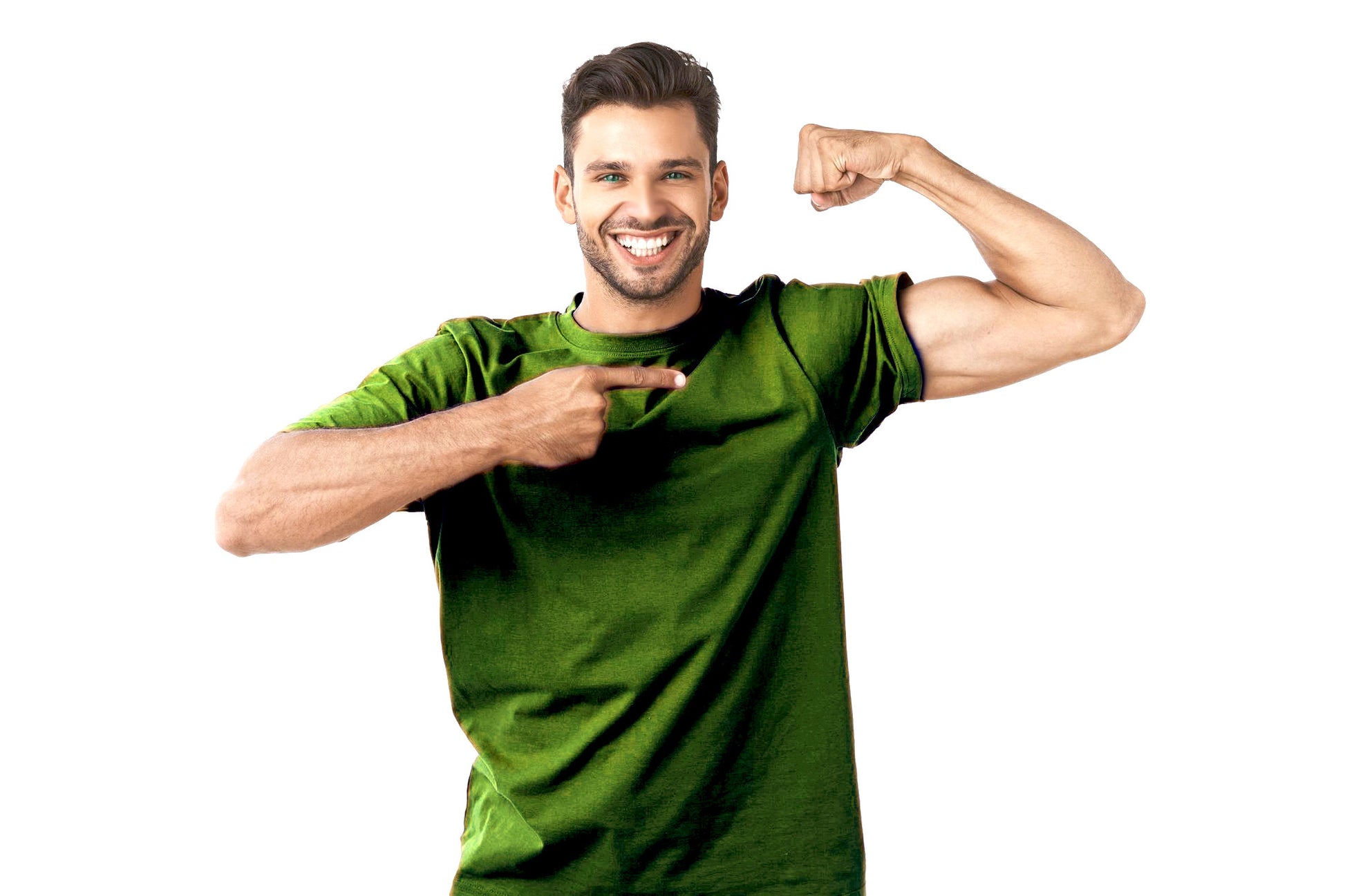 Smiling man flexing arm muscle wearing green shirt representing strength with organic nettle drops for wellness