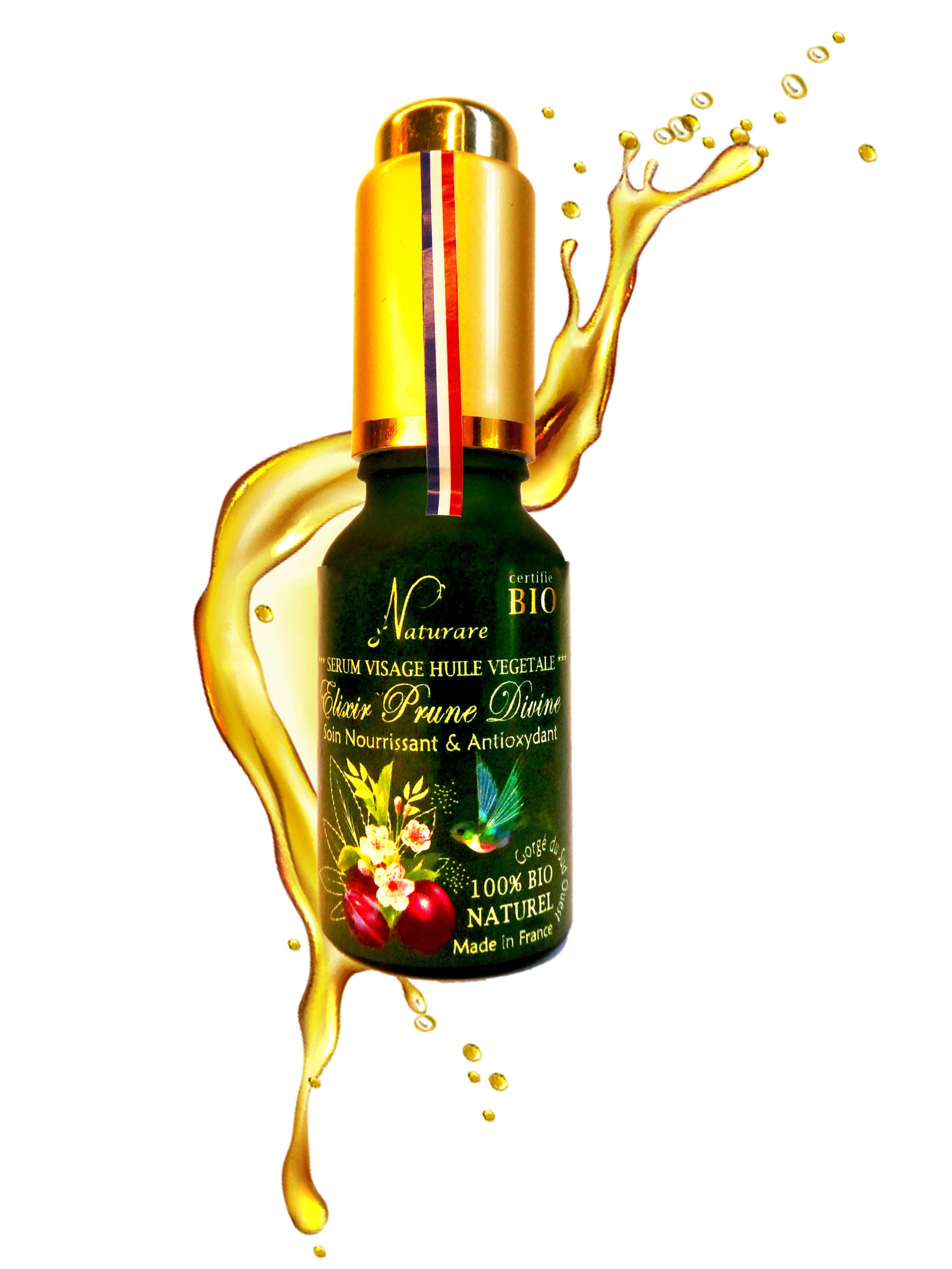 Agnès' Petit Paris Skincare organic plum facial serum in green bottle with gold cap and splash background