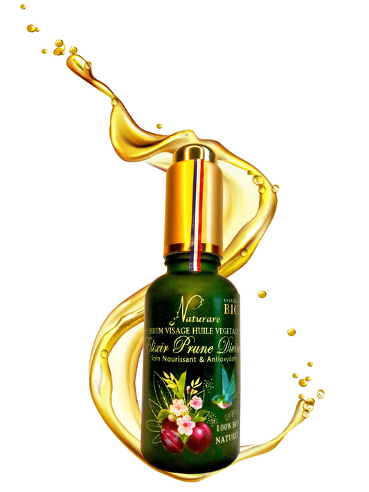 Agnès Petit Paris Skincare organic plum facial serum in green bottle with golden dropper and oil splash
