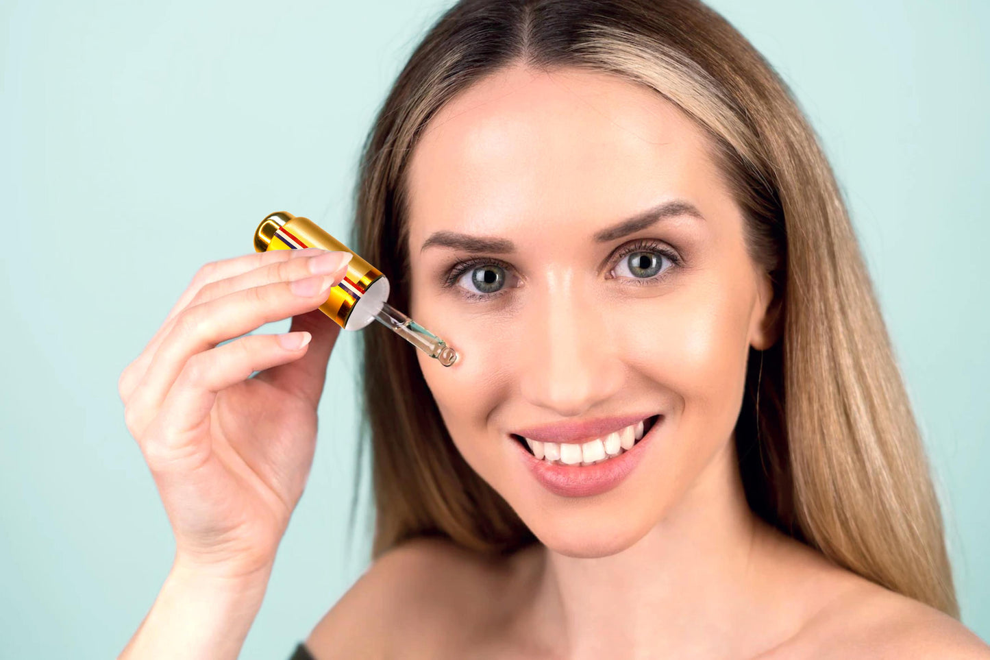 Woman applying Agnès' Petit Paris Skincare organic plum facial serum anti-aging serum with dropper
