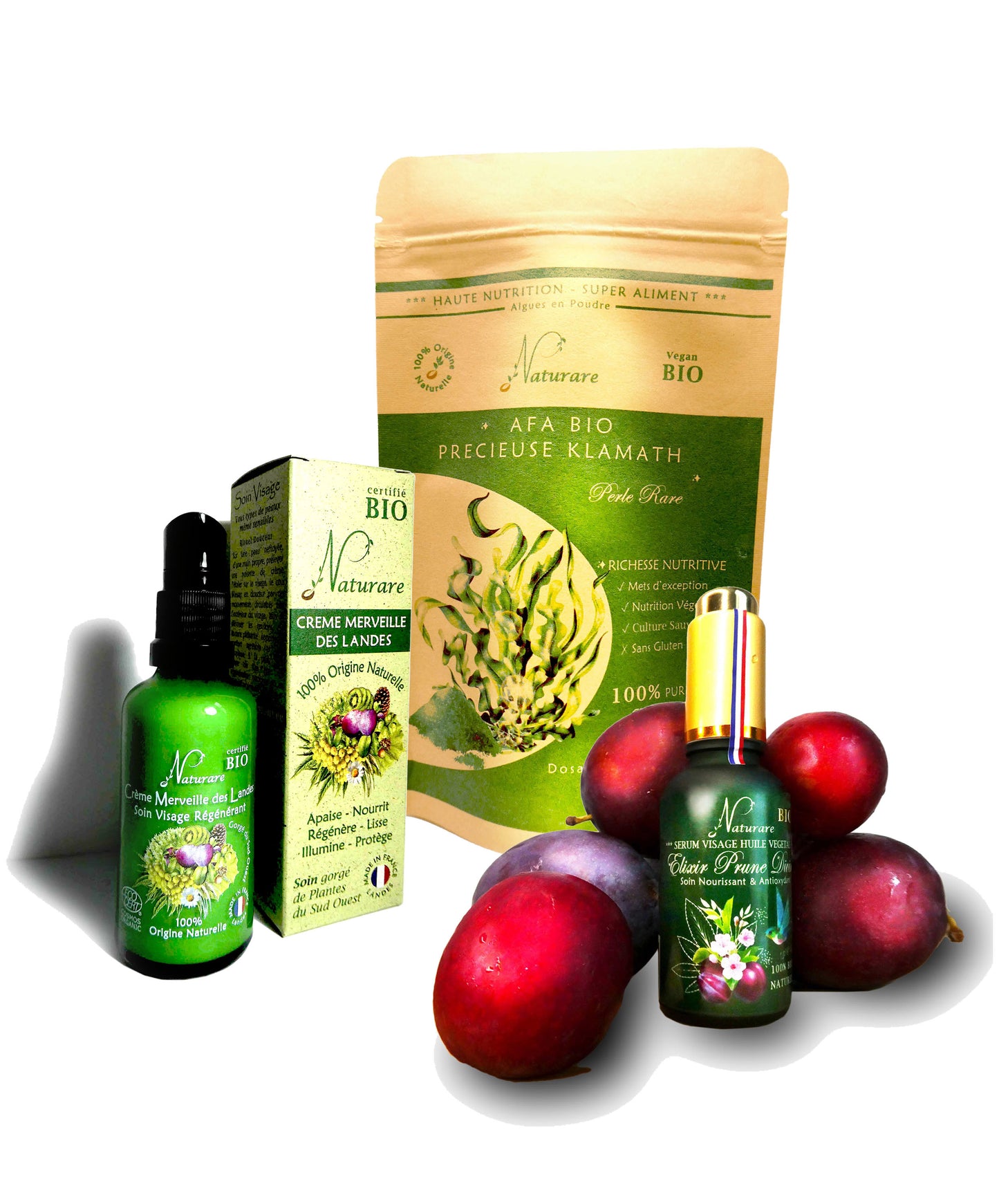 PERFECTING BOX for radiant skin with natural organic serum, cream, and superfood powder with fresh fruits