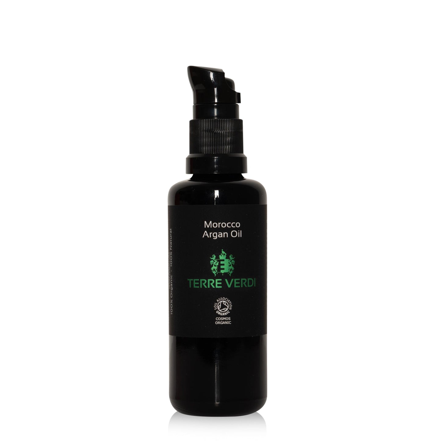 Terre Verdi Organic Skincare Authentic Argan Oil for Face and Hair in a black pump bottle
