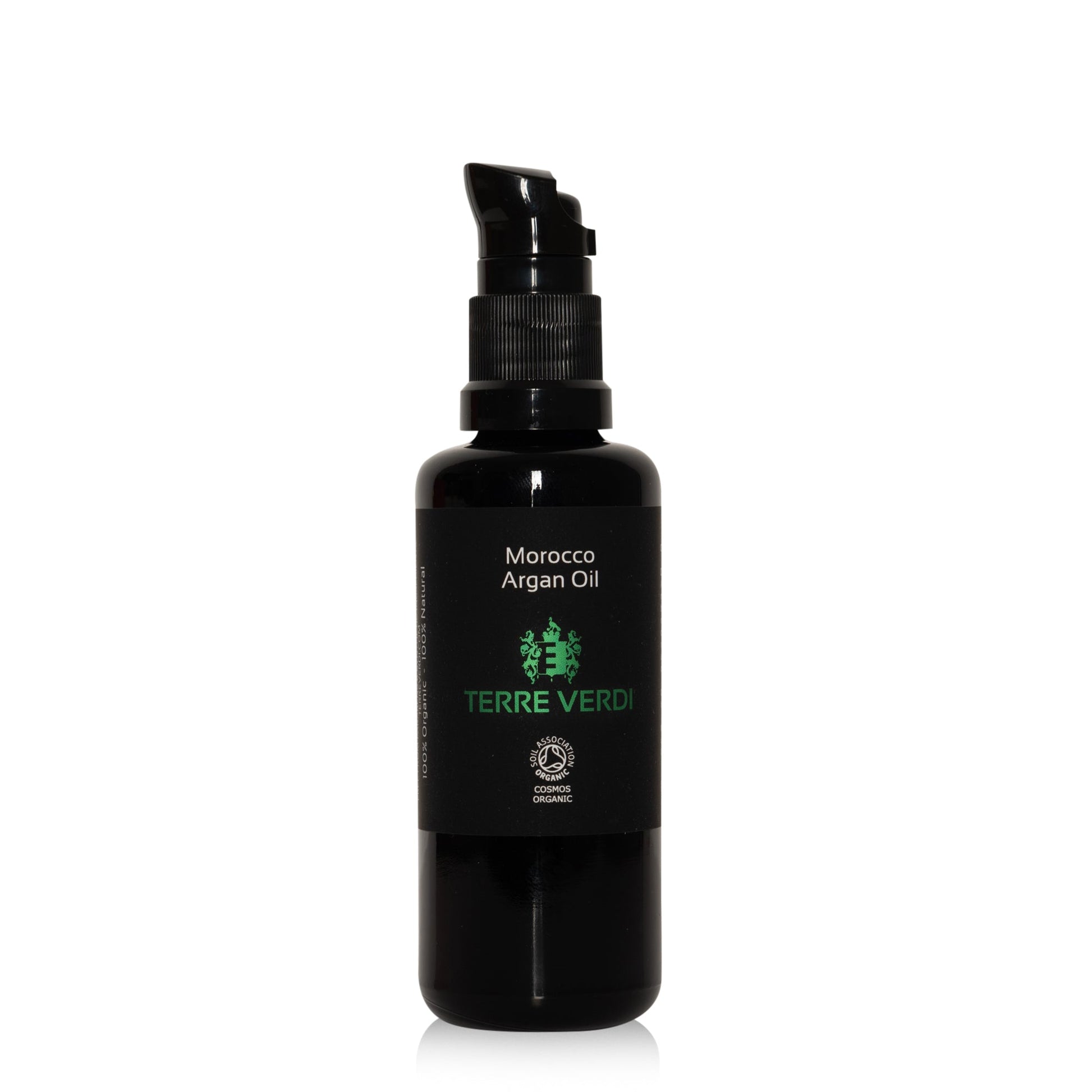 Terre Verdi Organic Skincare Authentic Argan Oil for Face and Hair in a black pump bottle