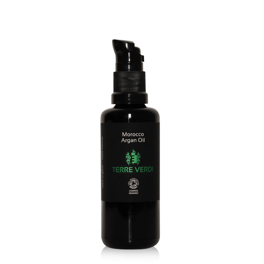 Terre Verdi Organic Skincare Authentic Argan Oil for Face and Hair in a black pump bottle
