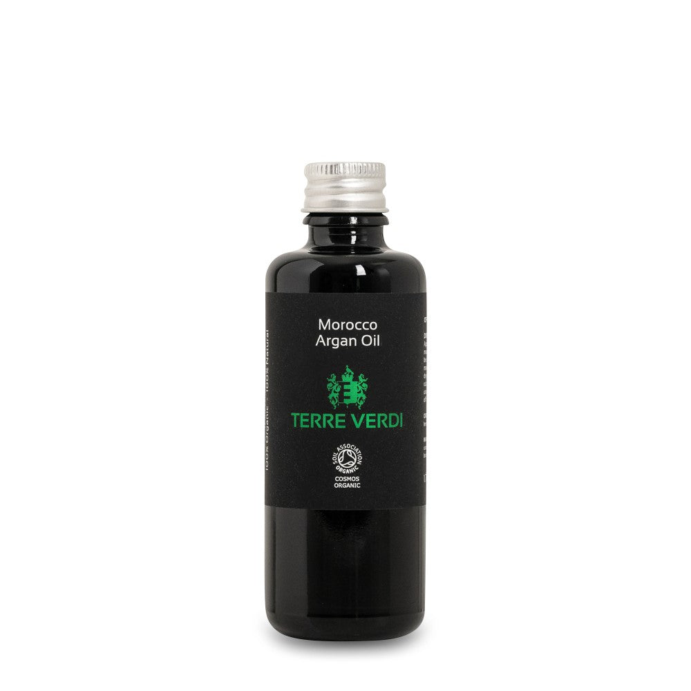 Terre Verdi Organic Skincare bottle of Authentic Argan Oil for Face and Hair in black packaging