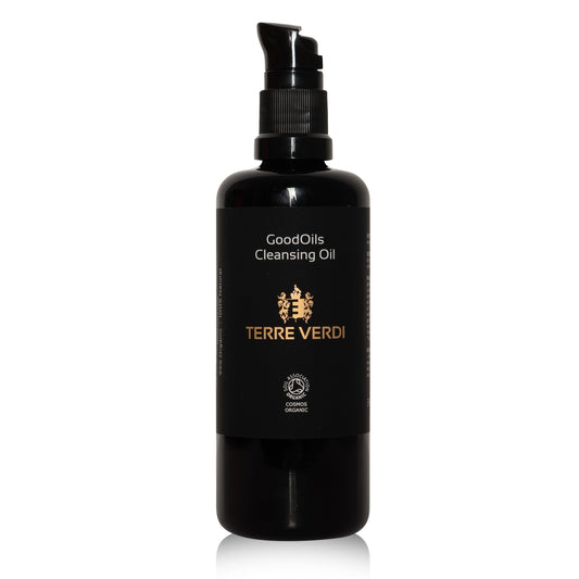 Terre Verdi Organic Skincare cleansing oil bottle Natural French Skincare Cleanser in black pump bottle