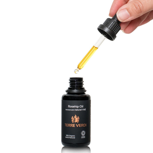 Terre Verdi Organic Skincare natural vitamin E skincare oil facial serum with dropper and rosehip oil bottle