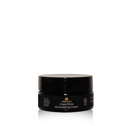 Terre Verdi Organic Skincare black jar of organic argan shea cream multitasking balm