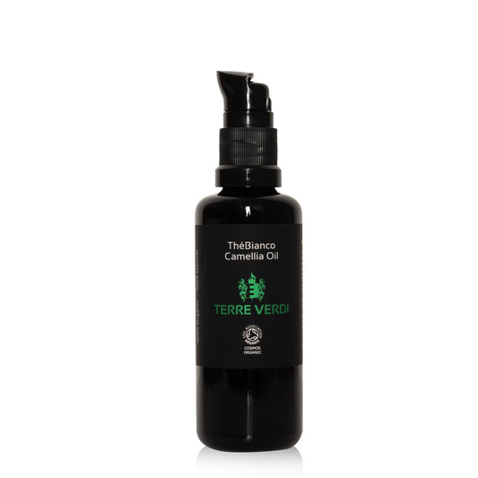 Terre Verdi Organic Camellia oil for face in a sleek black pump bottle for skincare
