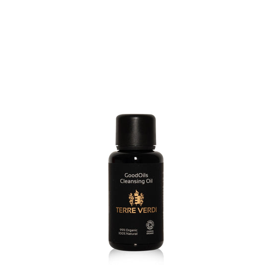 Terre Verdi organic cleansing oil travel size black bottle with gold logo and text