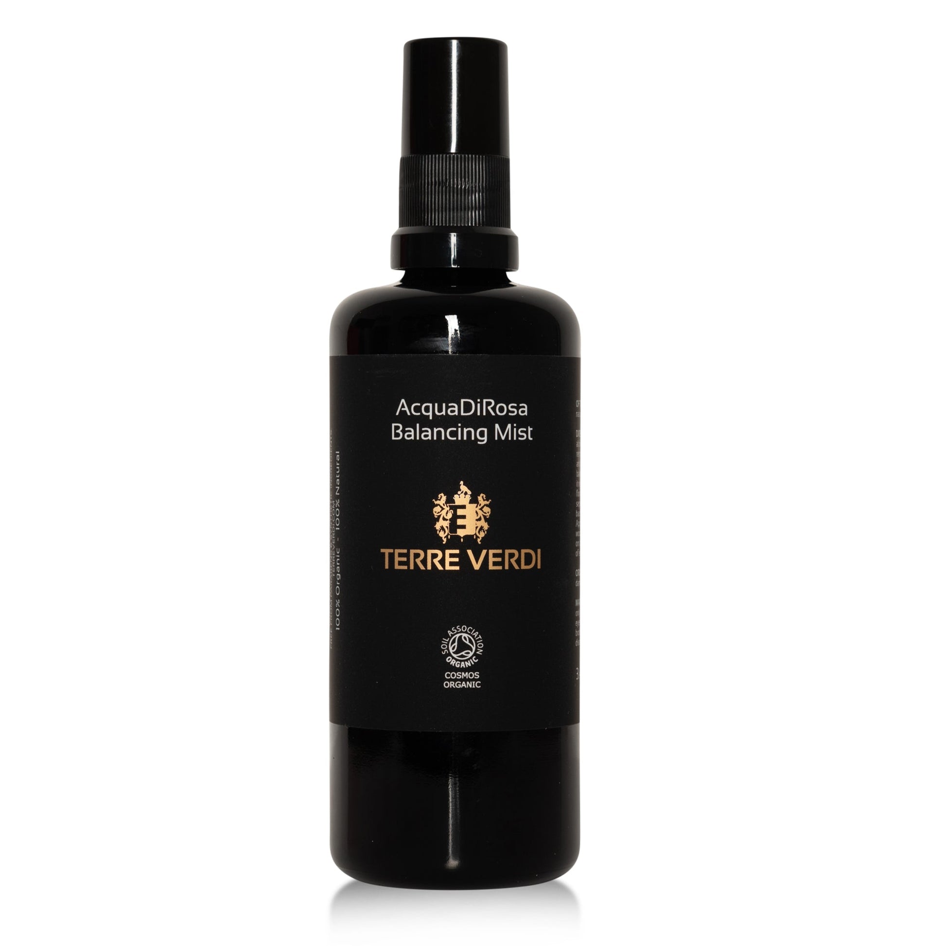 Terre Verdi organic rose water toner AcquaDiRosa Balancing Mist in black spray bottle