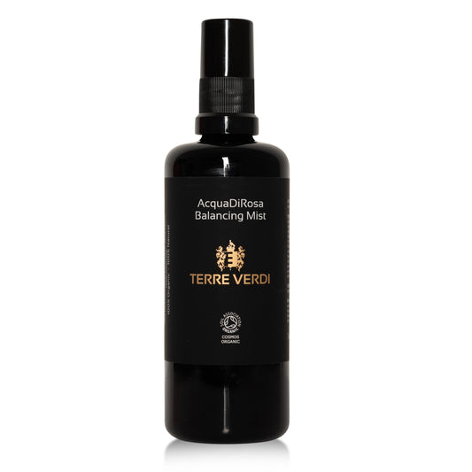 Terre Verdi organic rose water toner AcquaDiRosa Balancing Mist in black spray bottle