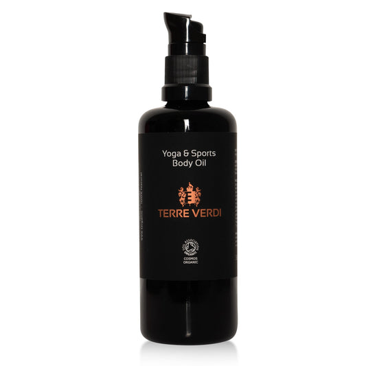 Terre Verdi organic sports massage oil in black pump bottle for yoga and sports body care